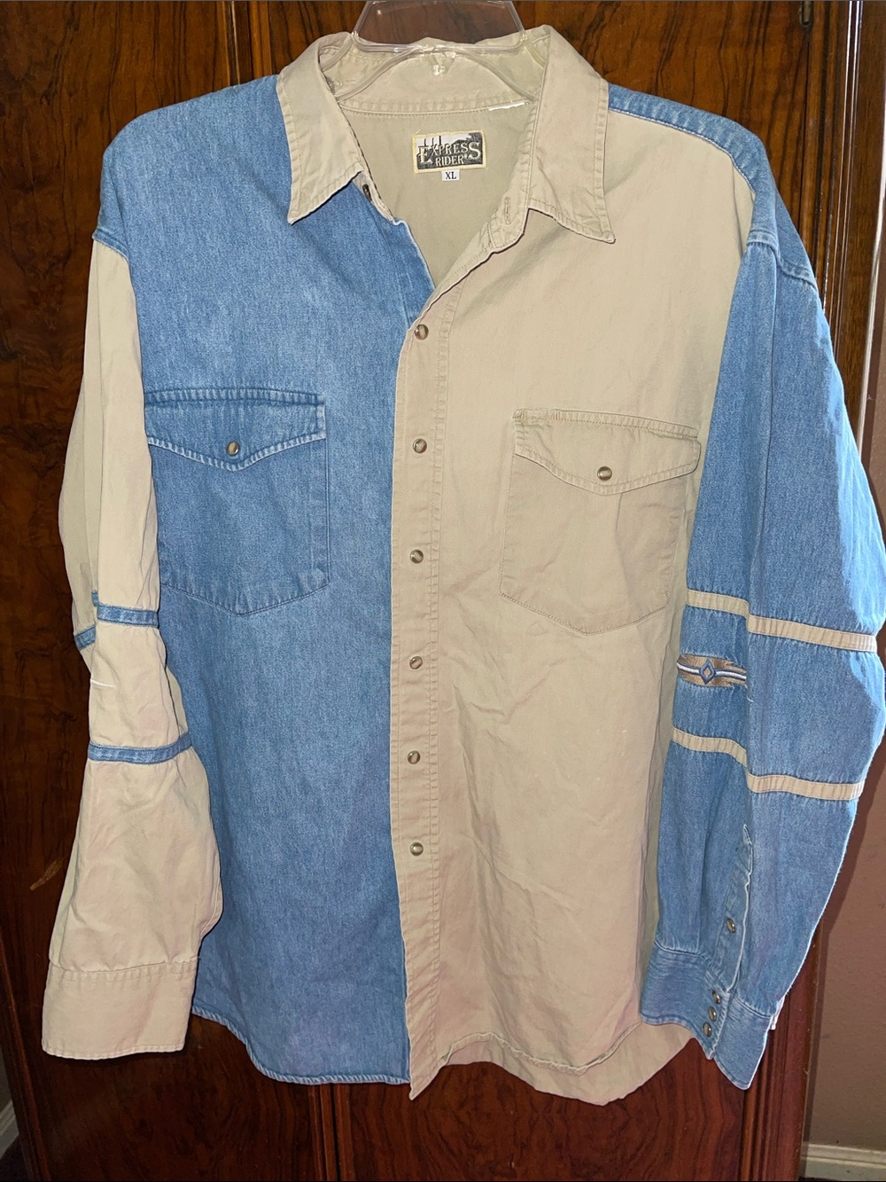 VINTAGE Express Rider XL Two-Tone Denim and Khaki Button-Down Shirt
